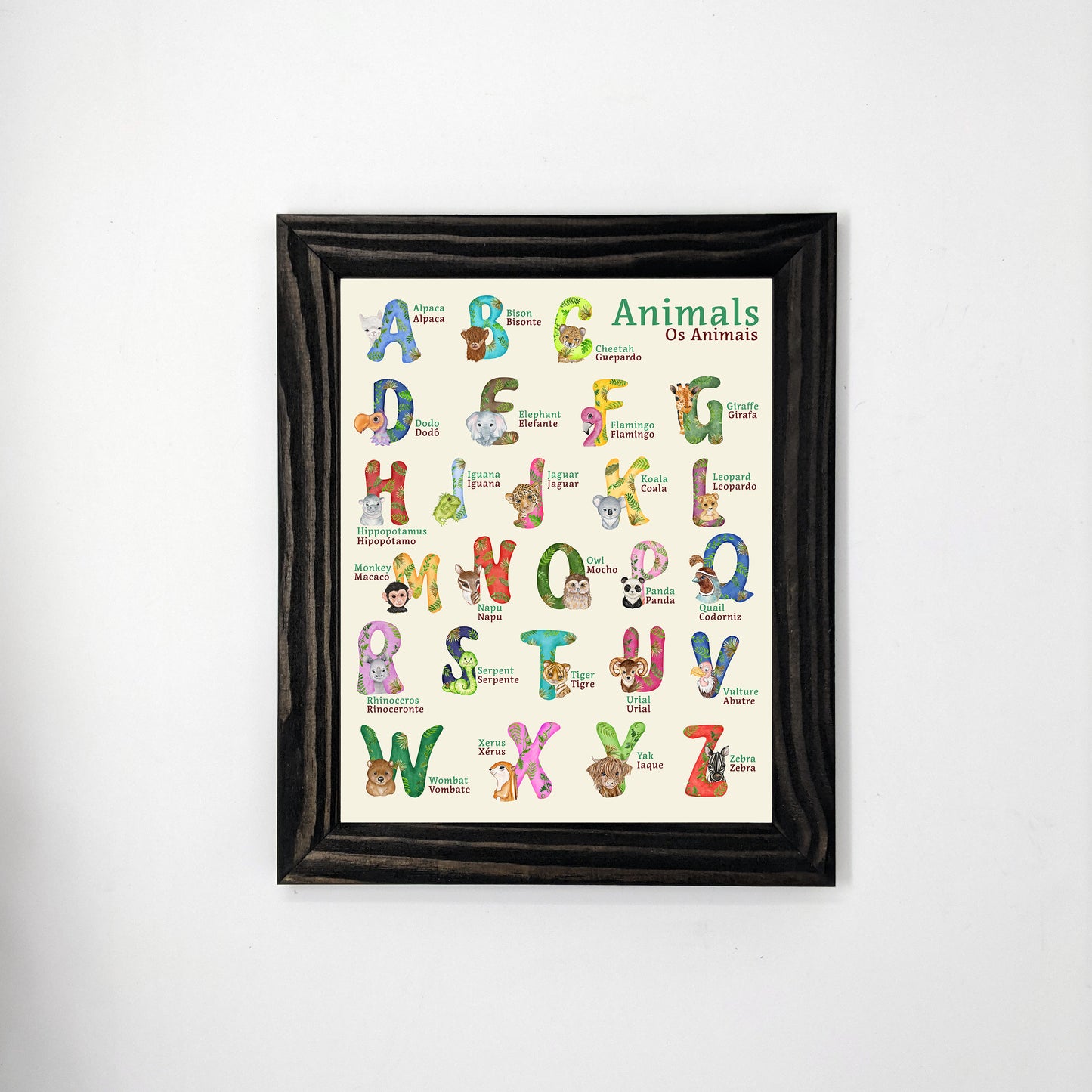 Bilingual Portuguese / English Animal Alphabet Print (1) on Linen