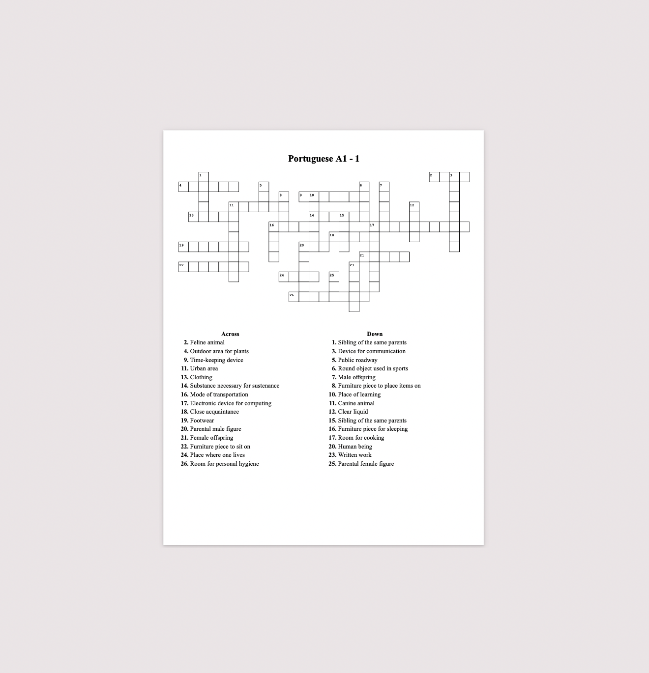 Beginner Crossword Puzzle 1 (A1-1)