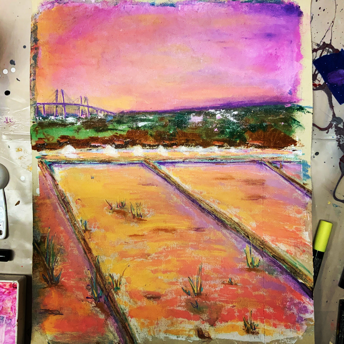 Acrylic painting of salt flats at Morraceira, Figueira da Foz, Portugal