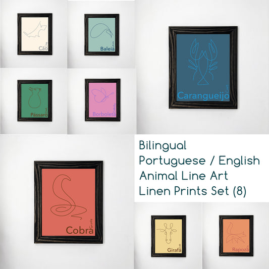 Bilingual Portuguese/English Line Art Animal Prints Set (8) on Linen