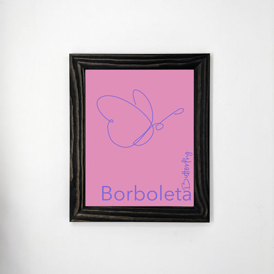 Bilingual Portuguese / English Borboleta / Butterfly Line Art Animal Print (1) on Linen