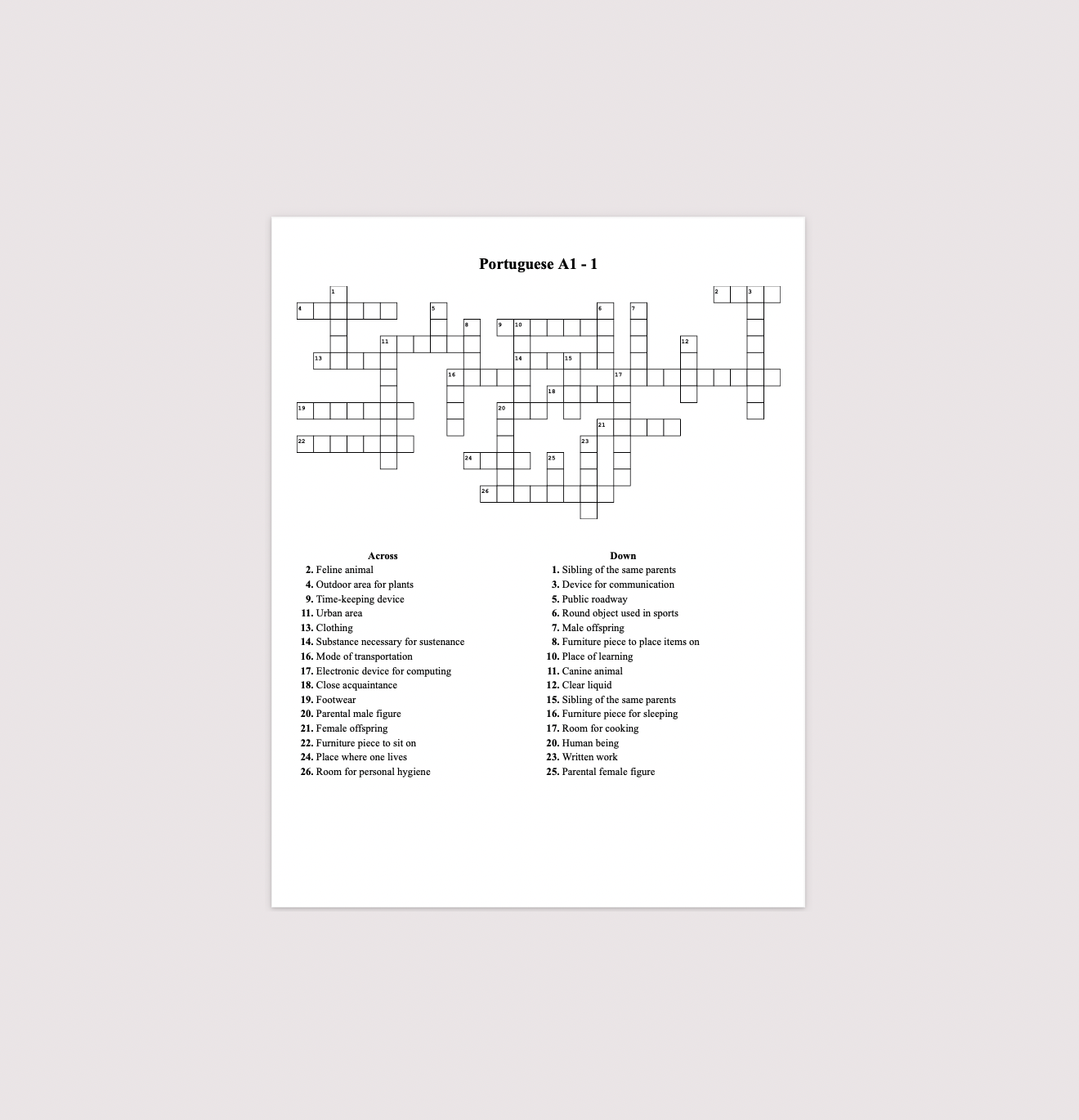 Free Beginner Crossword Puzzle 1 (A1-1)