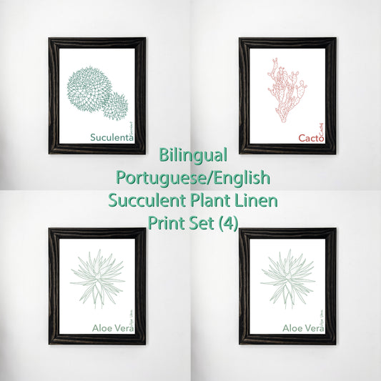 Bilingual Portuguese/English Succulents Prints Set (4) on Linen